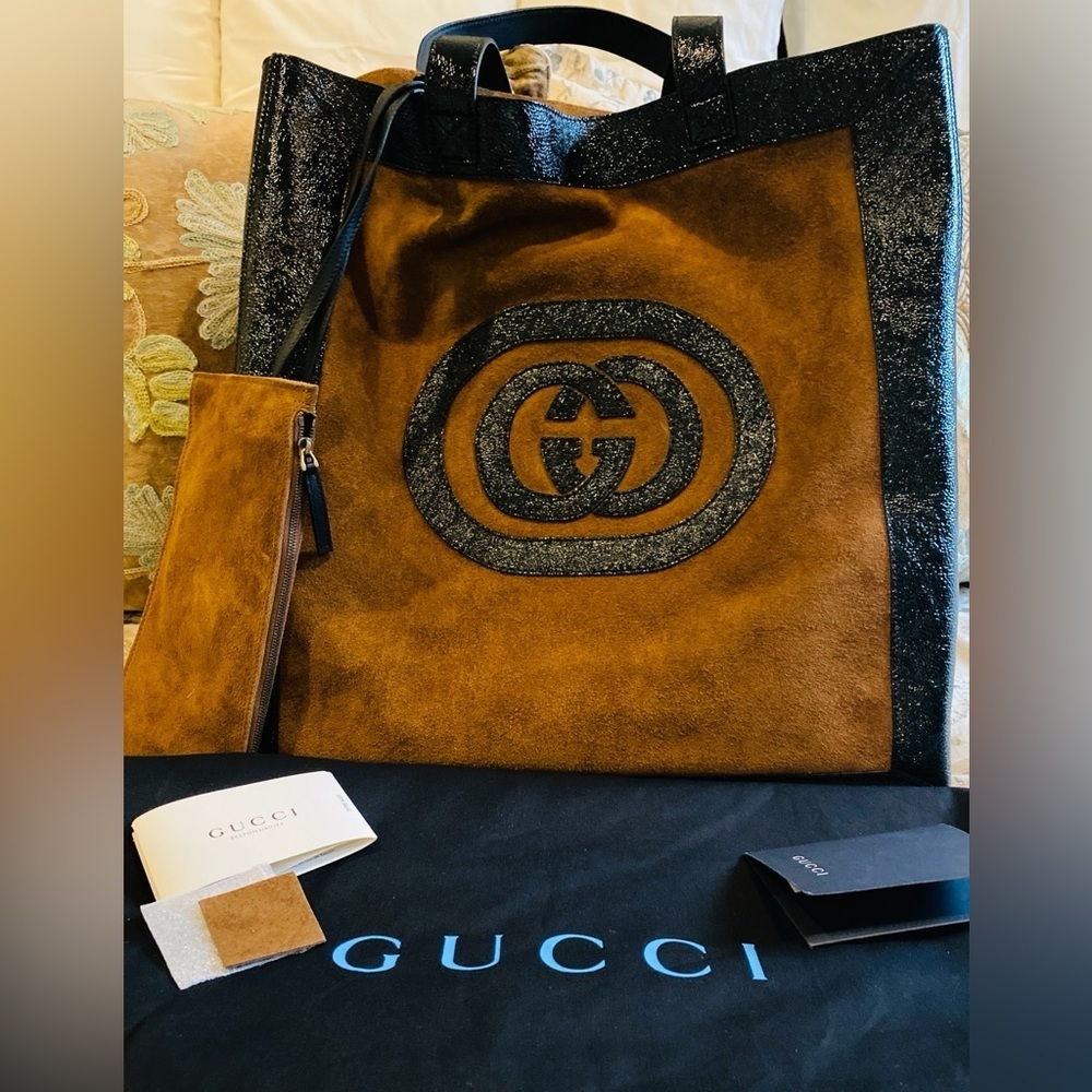 Gucci Ophelia Black Brown Suede Logo Tote Shoulder Bag